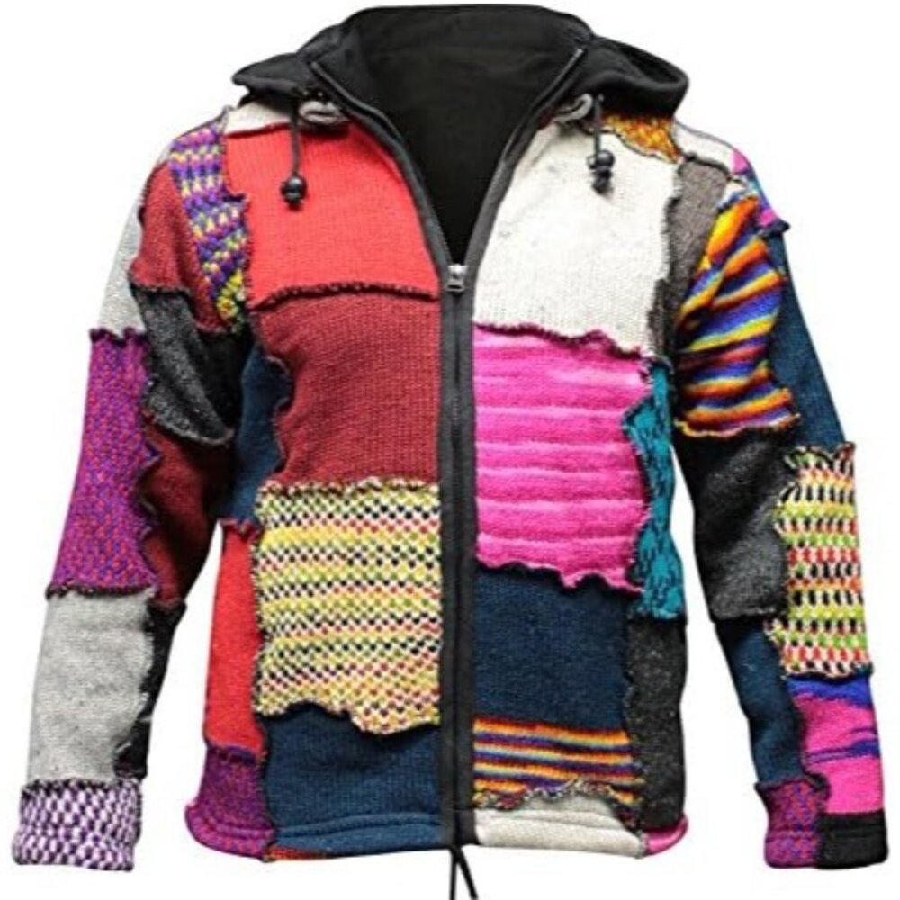✨Shopoholic Men Black Tye Dye Patchwork Hippie Jacket Fleece Lined Hippy Sweater - Picture 2 of 3